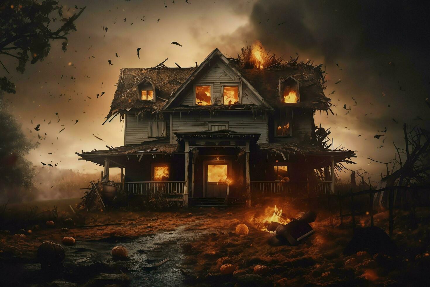 Haunted house on halloween celebration concept. Spooky house halloween background with deserted building and pumpkin. Scary house with creepy building at night by AI generated photo