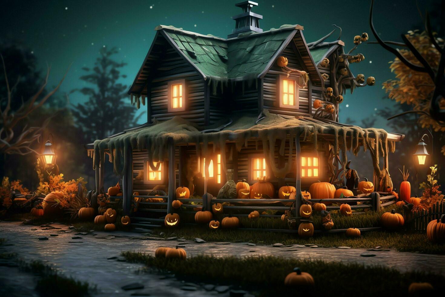 Haunted house on halloween celebration concept. Spooky house halloween background with deserted building and pumpkin. Scary house with creepy building at night by AI generated photo