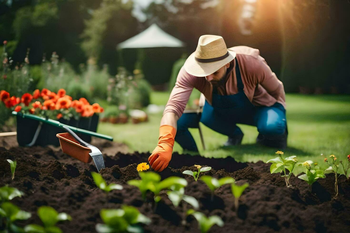 a woman in a hat and gloves is planting flowers in the garden. AI-Generated photo