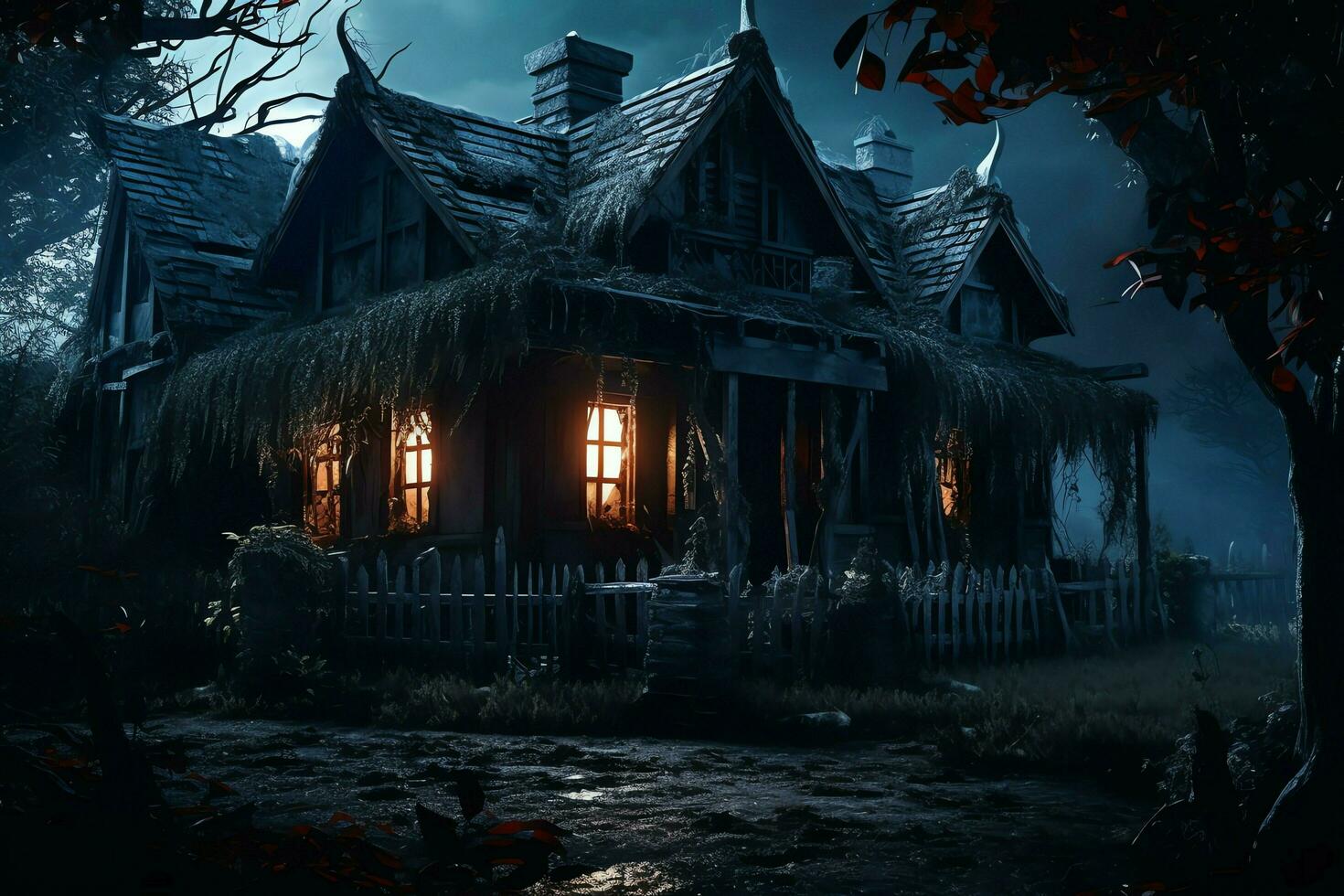 Haunted house on halloween celebration concept. Spooky house halloween background with deserted building and pumpkin. Scary house with creepy building at night by AI generated photo