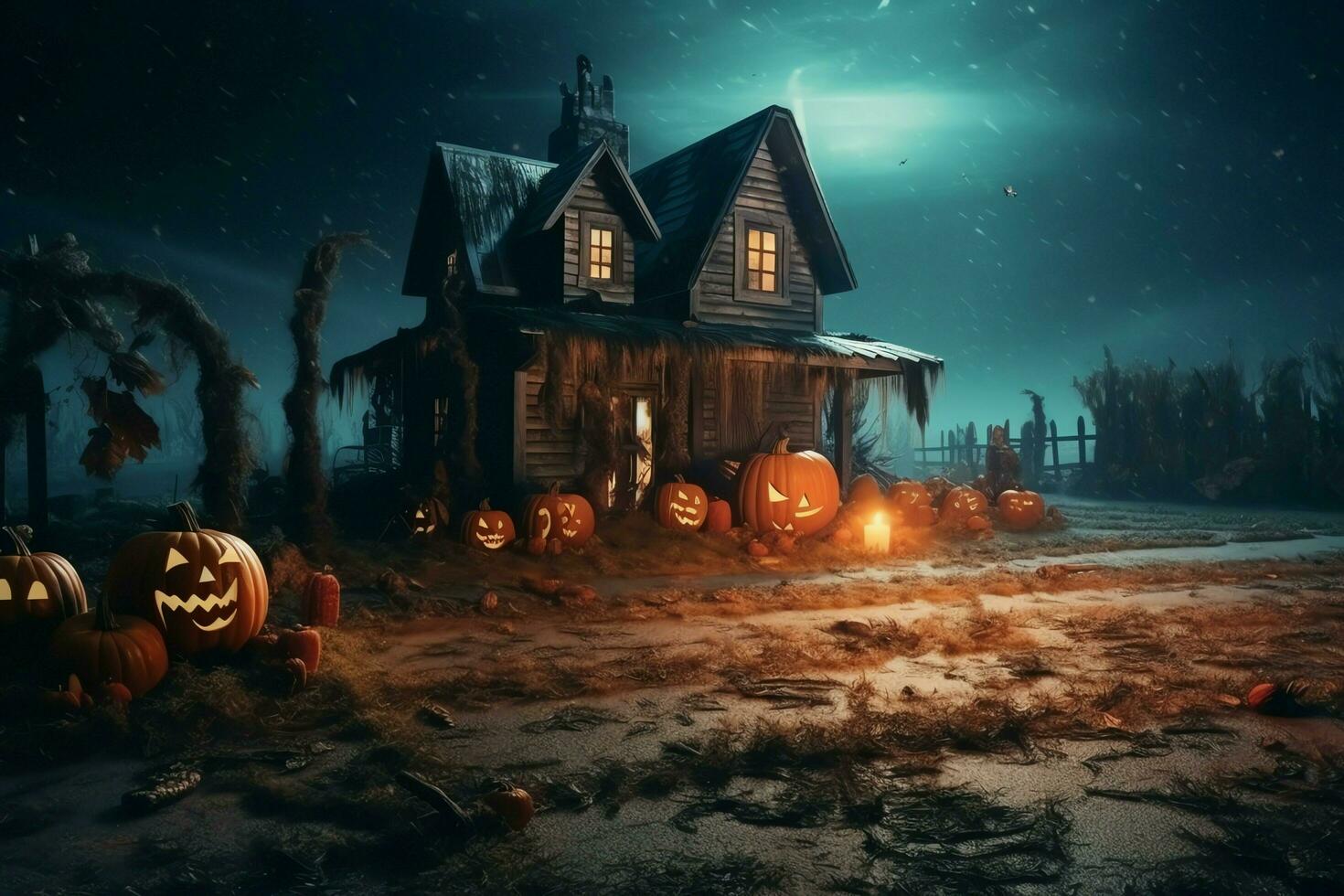 Haunted house on halloween celebration concept. Spooky house halloween background with deserted building and pumpkin. Scary house with creepy building at night by AI generated photo