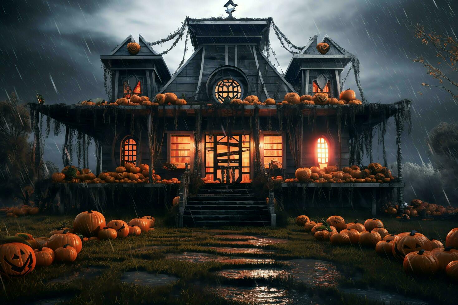 Haunted house on halloween celebration concept. Spooky house halloween background with deserted building and pumpkin. Scary house with creepy building at night by AI generated photo