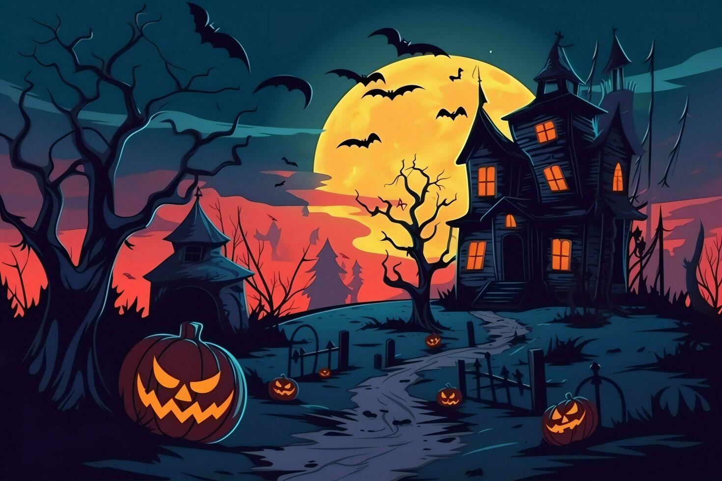 Haunted house on halloween celebration concept. Spooky house halloween background with deserted building and pumpkin. Scary house with creepy building at night by AI generated photo