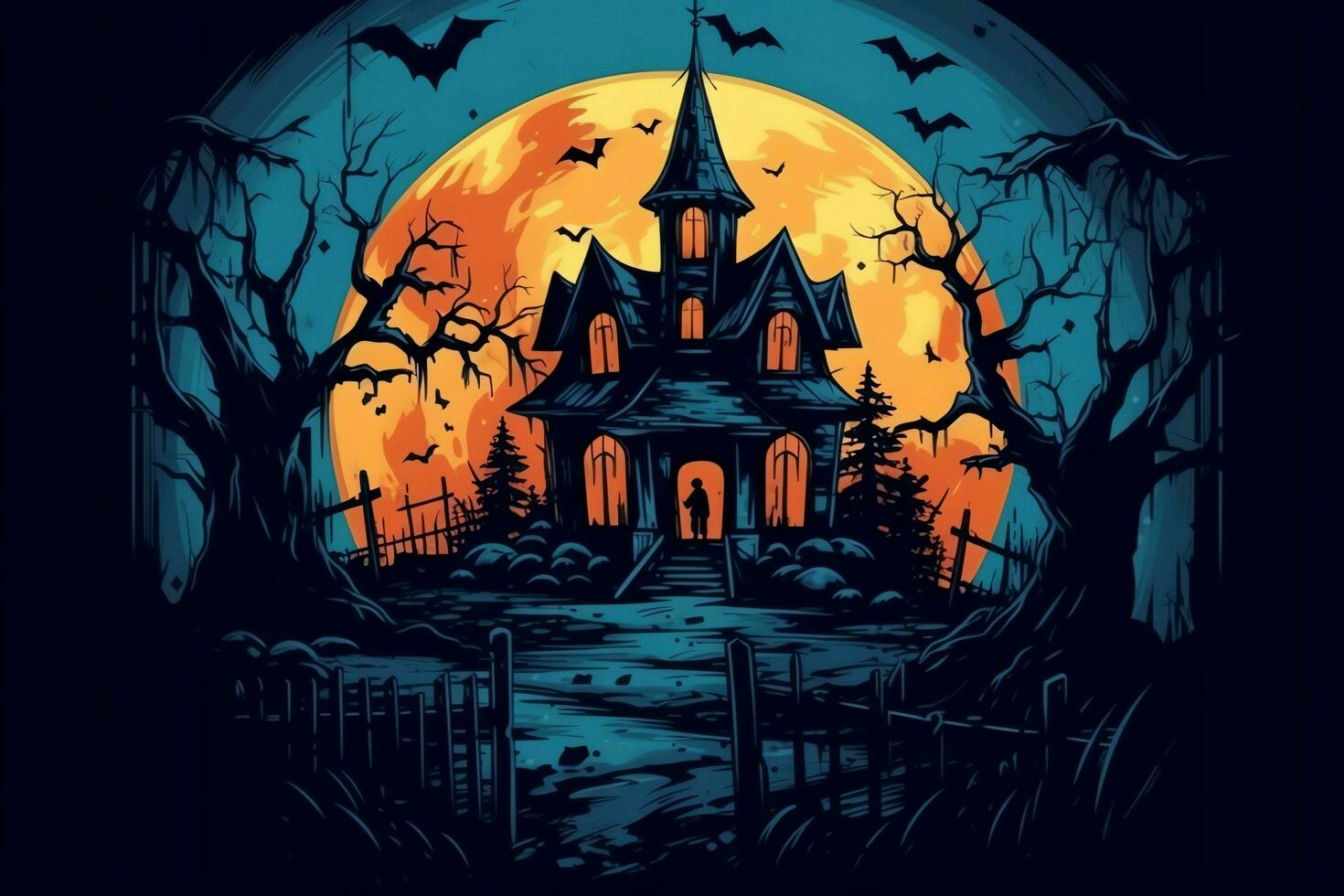 Haunted house on halloween celebration concept. Spooky house halloween background with deserted building and pumpkin. Scary house with creepy building at night by AI generated photo