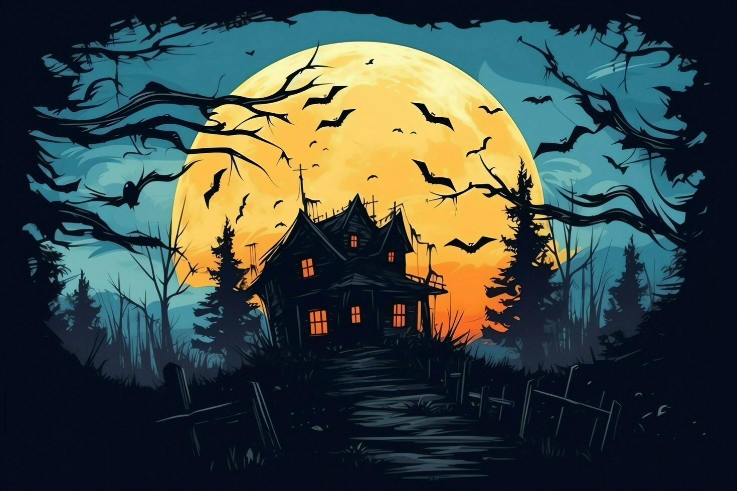 Haunted house on halloween celebration concept. Spooky house halloween background with deserted building and pumpkin. Scary house with creepy building at night by AI generated photo
