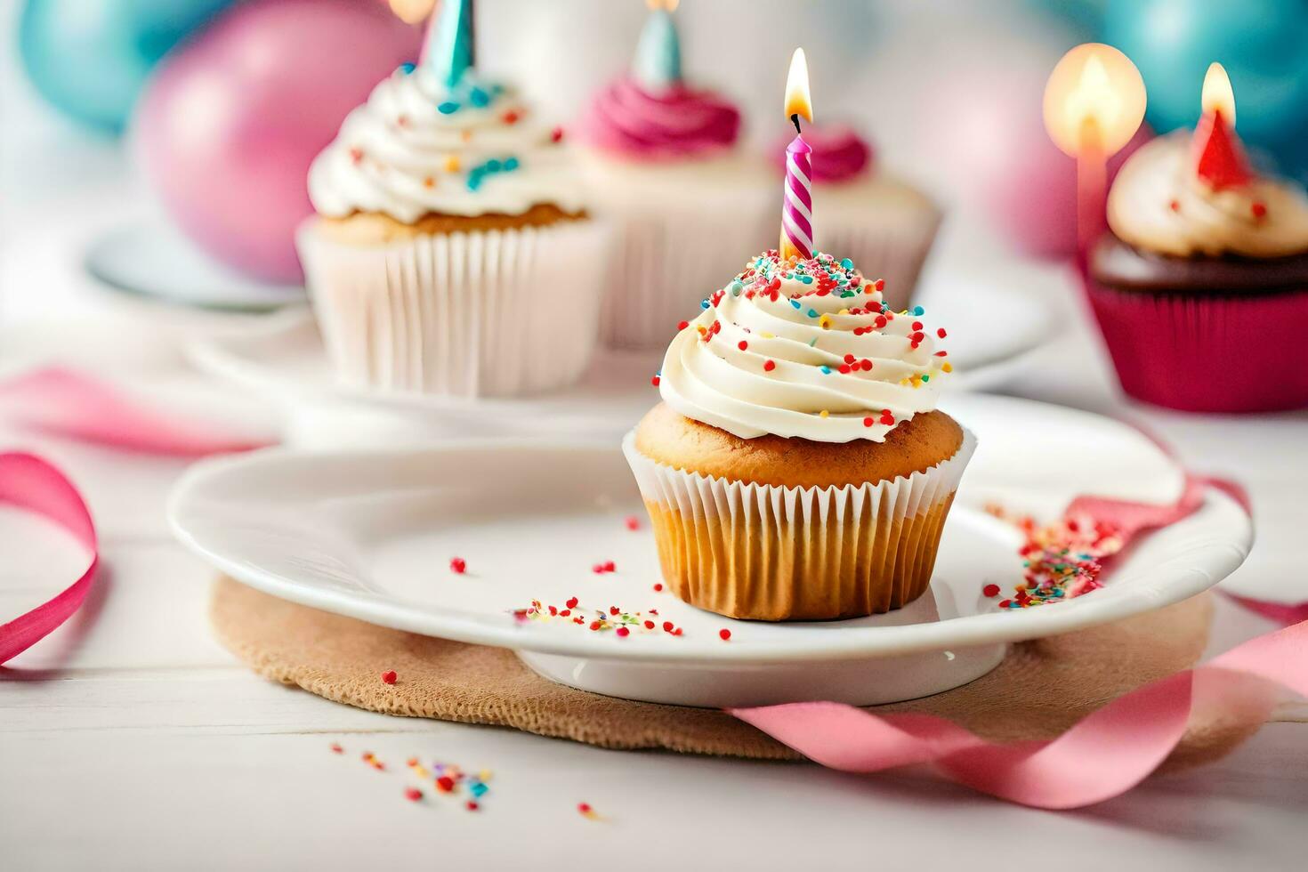 birthday cupcakes on a plate. AI-Generated photo