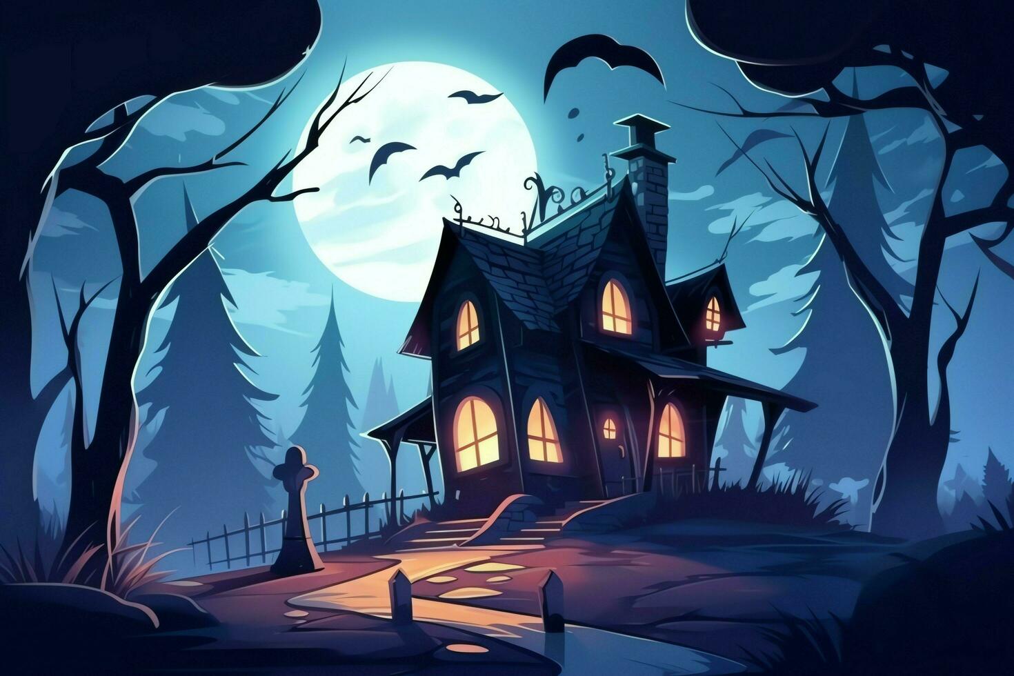 Haunted house on halloween celebration concept. Spooky house halloween background with deserted building and pumpkin. Scary house with creepy building at night by AI generated photo