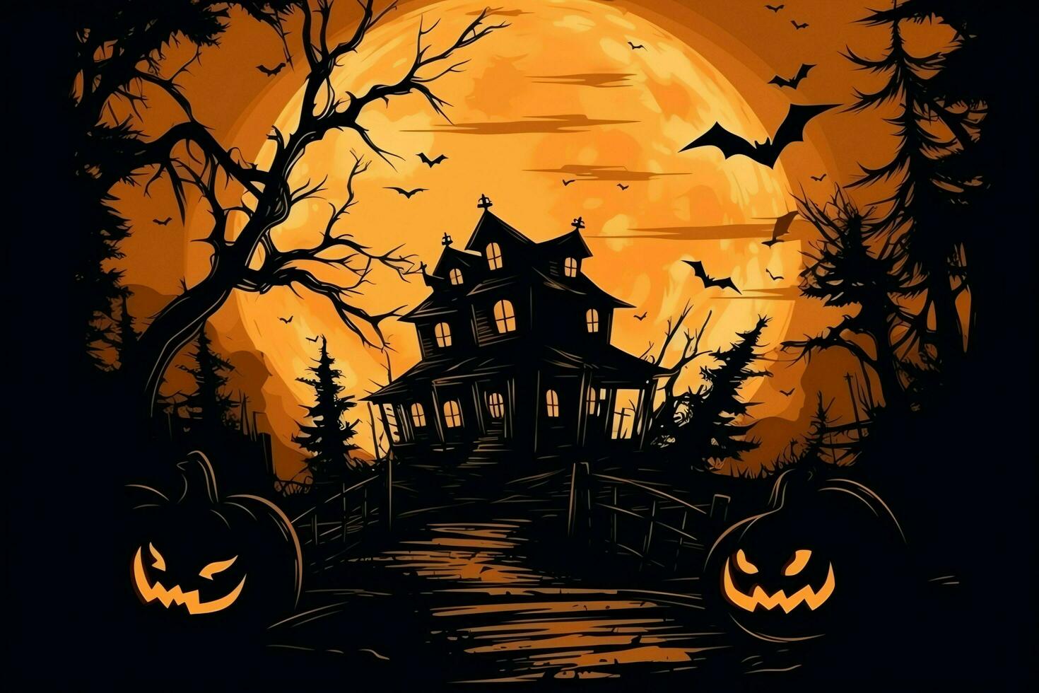 Haunted house on halloween celebration concept. Spooky house halloween background with deserted building and pumpkin. Scary house with creepy building at night by AI generated photo