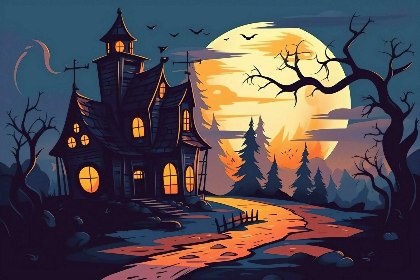 Haunted house on halloween celebration concept. Spooky house halloween background with deserted building and pumpkin. Scary house with creepy building at night by AI generated photo