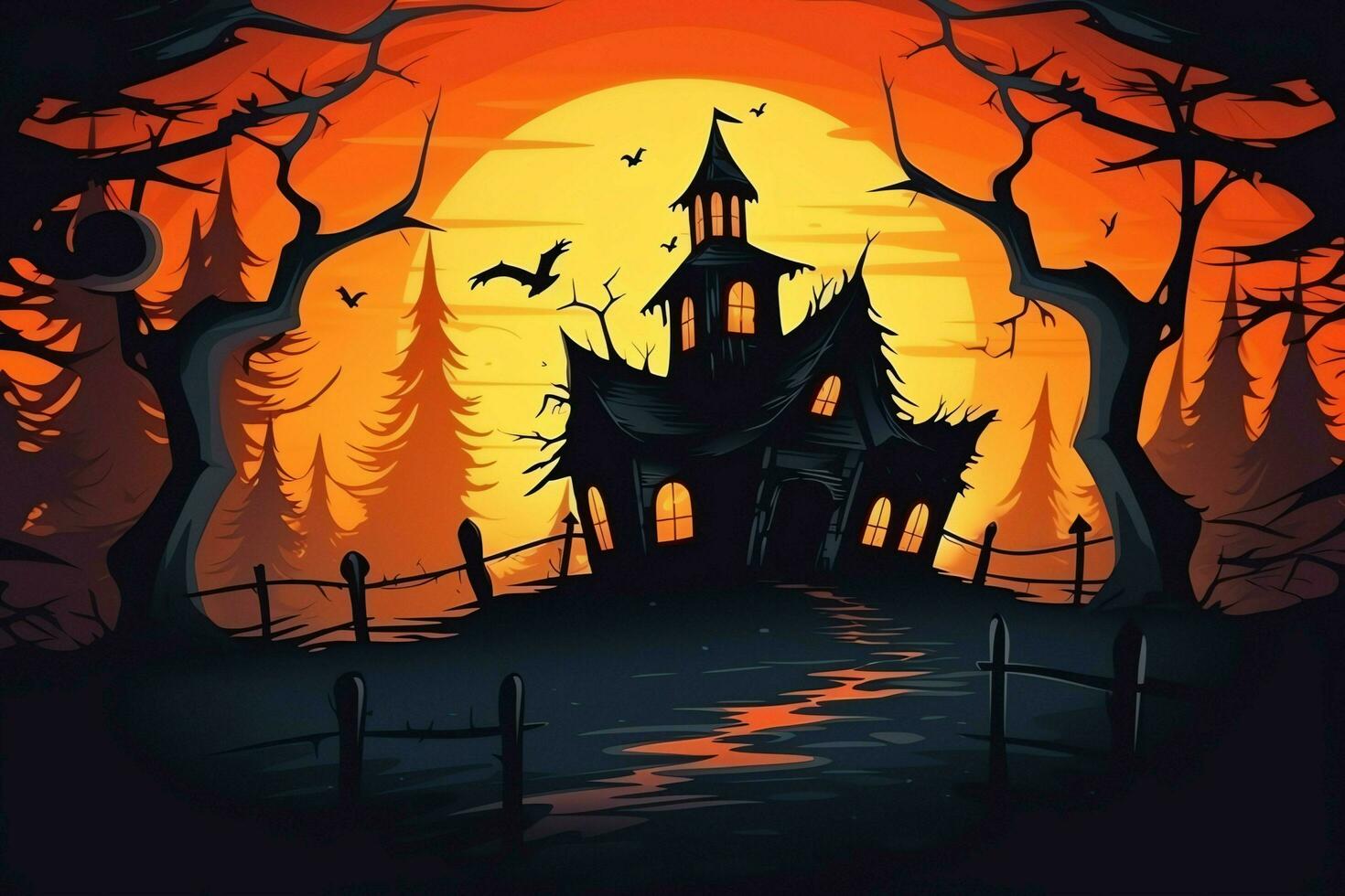 Haunted house on halloween celebration concept. Spooky house halloween background with deserted building and pumpkin. Scary house with creepy building at night by AI generated photo