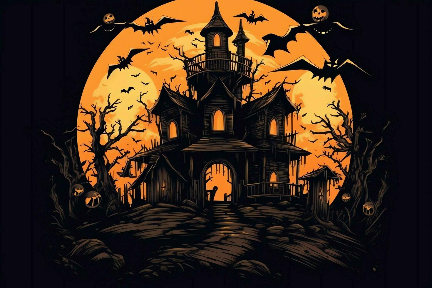 Haunted house on halloween celebration concept. Spooky house halloween background with deserted building and pumpkin. Scary house with creepy building at night by AI generated photo