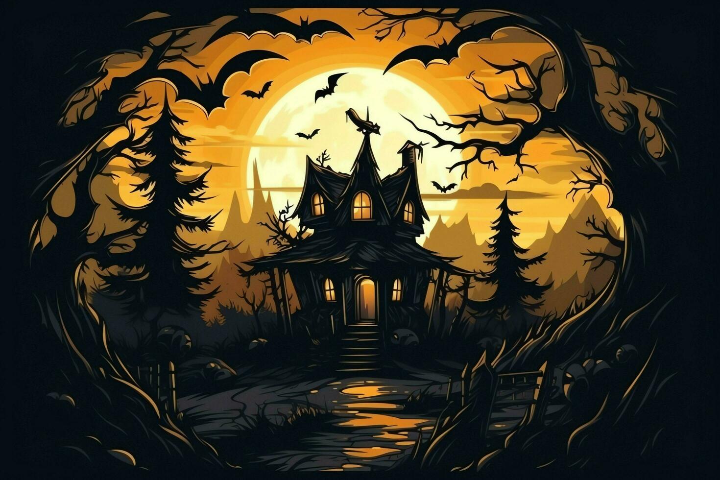 Haunted house on halloween celebration concept. Spooky house halloween background with deserted building and pumpkin. Scary house with creepy building at night by AI generated photo