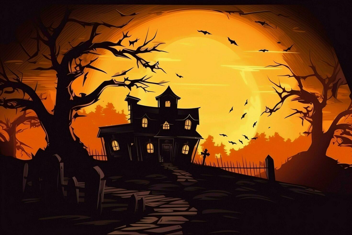 Haunted house on halloween celebration concept. Spooky house halloween background with deserted building and pumpkin. Scary house with creepy building at night by AI generated photo