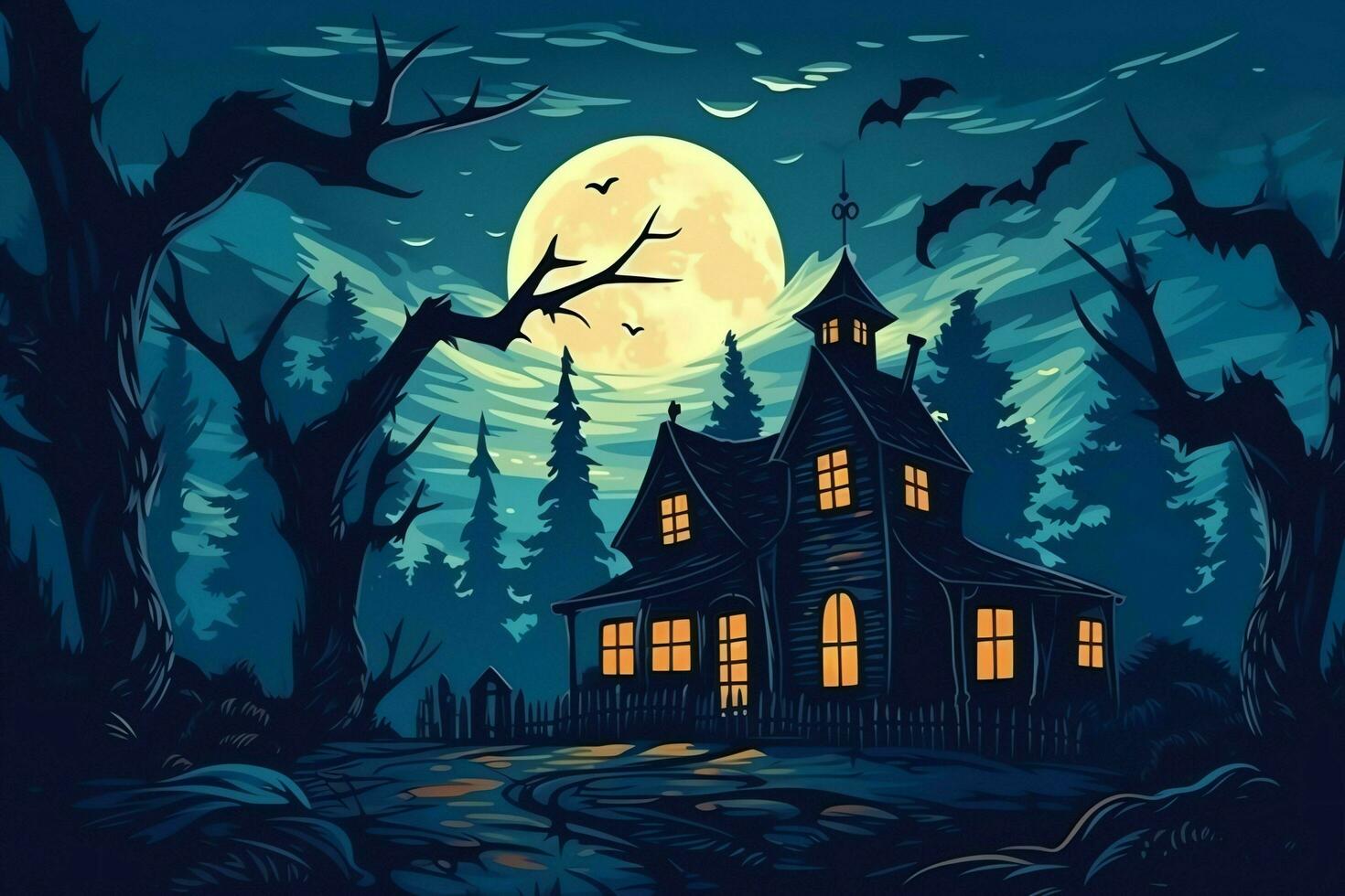Haunted house on halloween celebration concept. Spooky house halloween background with deserted building and pumpkin. Scary house with creepy building at night by AI generated photo