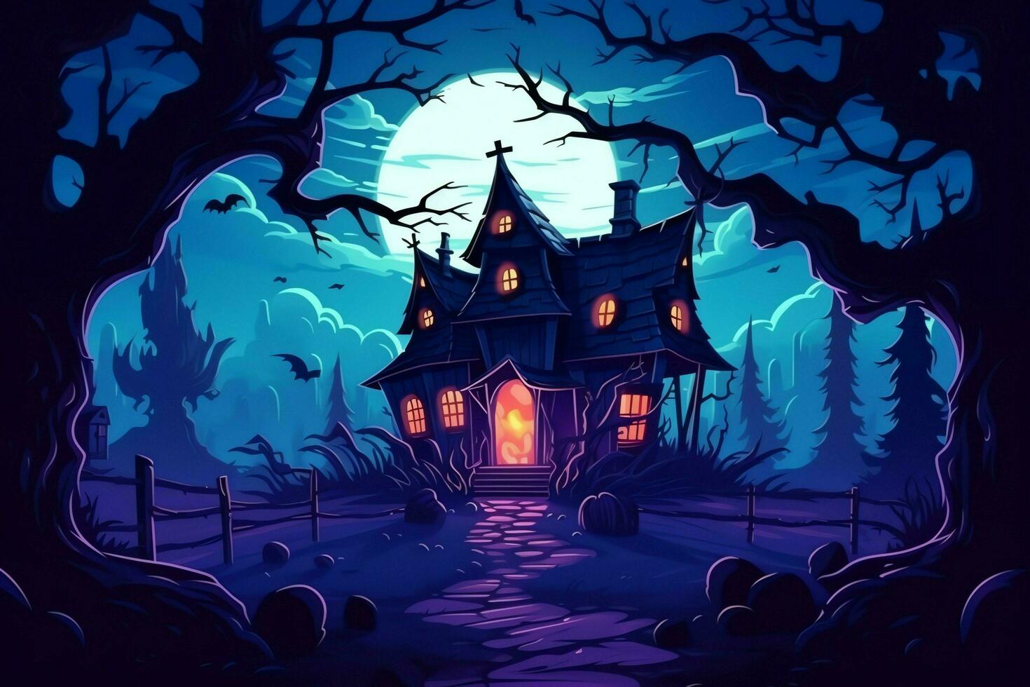 Haunted house on halloween celebration concept. Spooky house halloween background with deserted building and pumpkin. Scary house with creepy building at night by AI generated photo