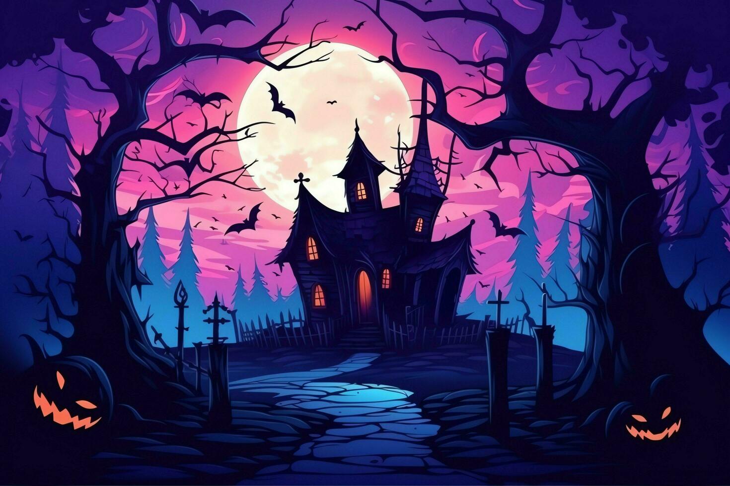 Haunted house on halloween celebration concept. Spooky house halloween background with deserted building and pumpkin. Scary house with creepy building at night by AI generated photo