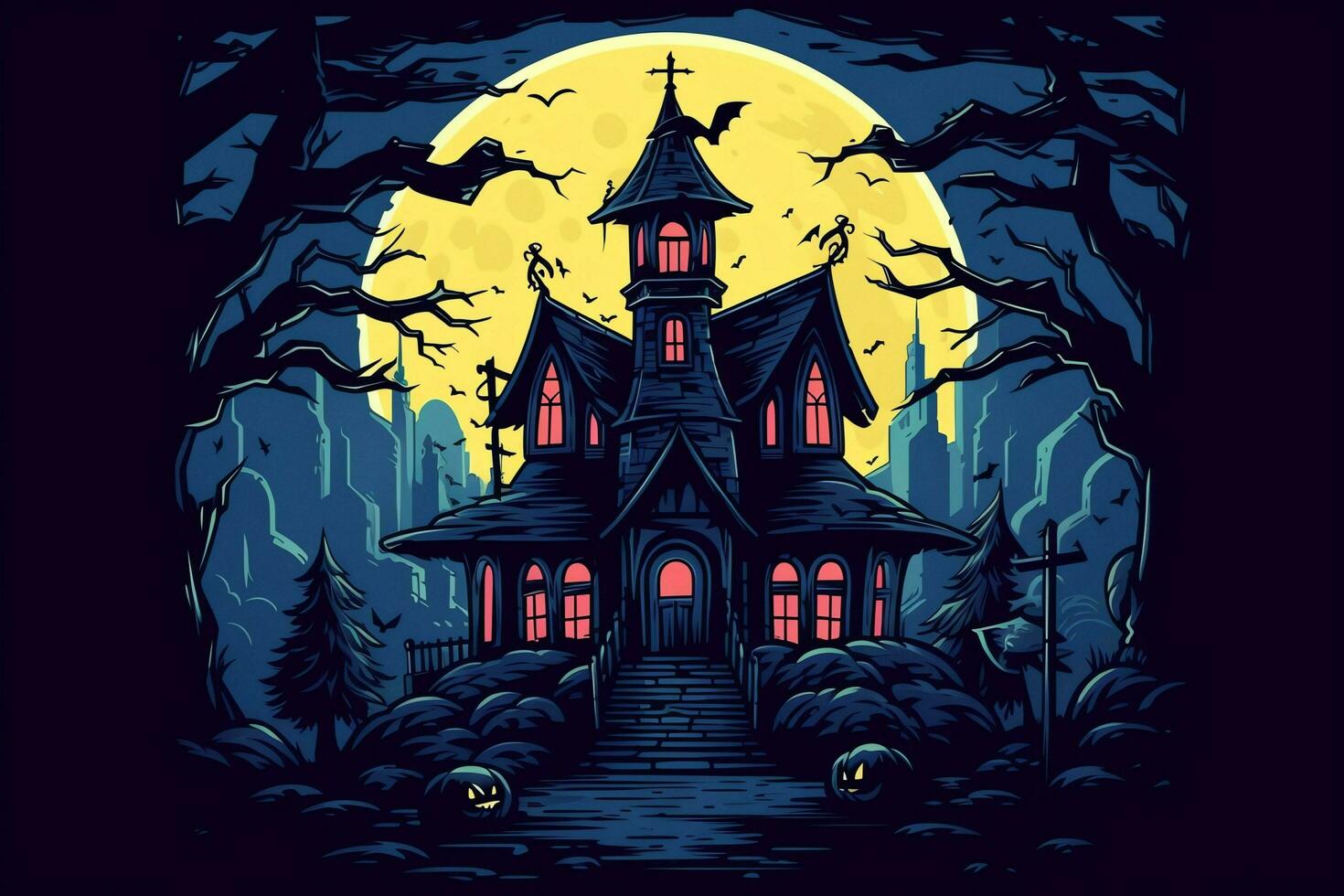 Haunted house on halloween celebration concept. Spooky house halloween background with deserted building and pumpkin. Scary house with creepy building at night by AI generated photo