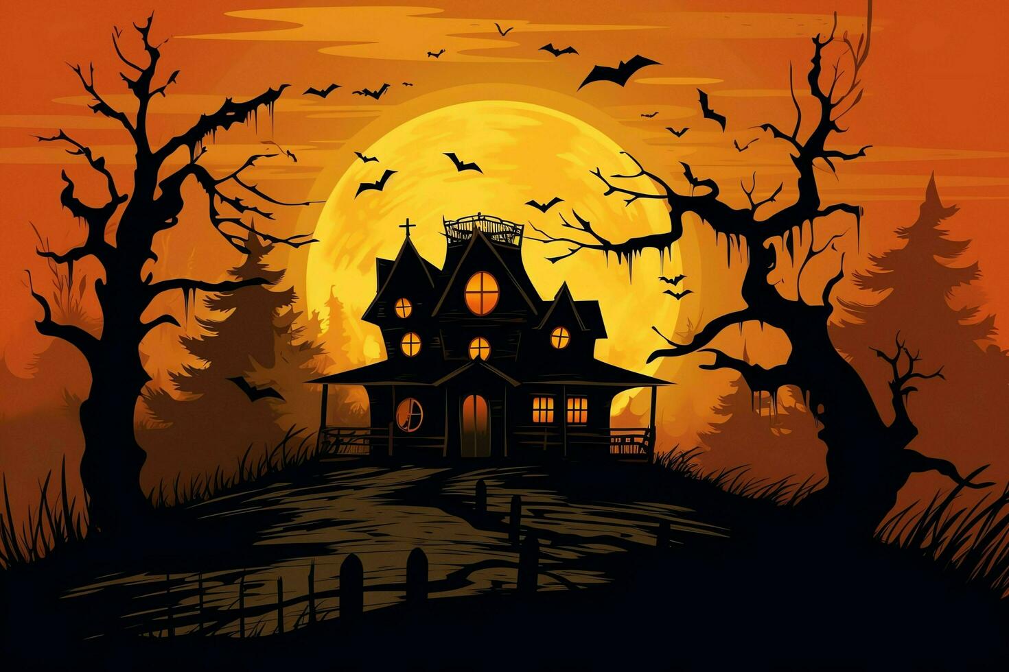 Haunted house on halloween celebration concept. Spooky house halloween background with deserted building and pumpkin. Scary house with creepy building at night by AI generated photo