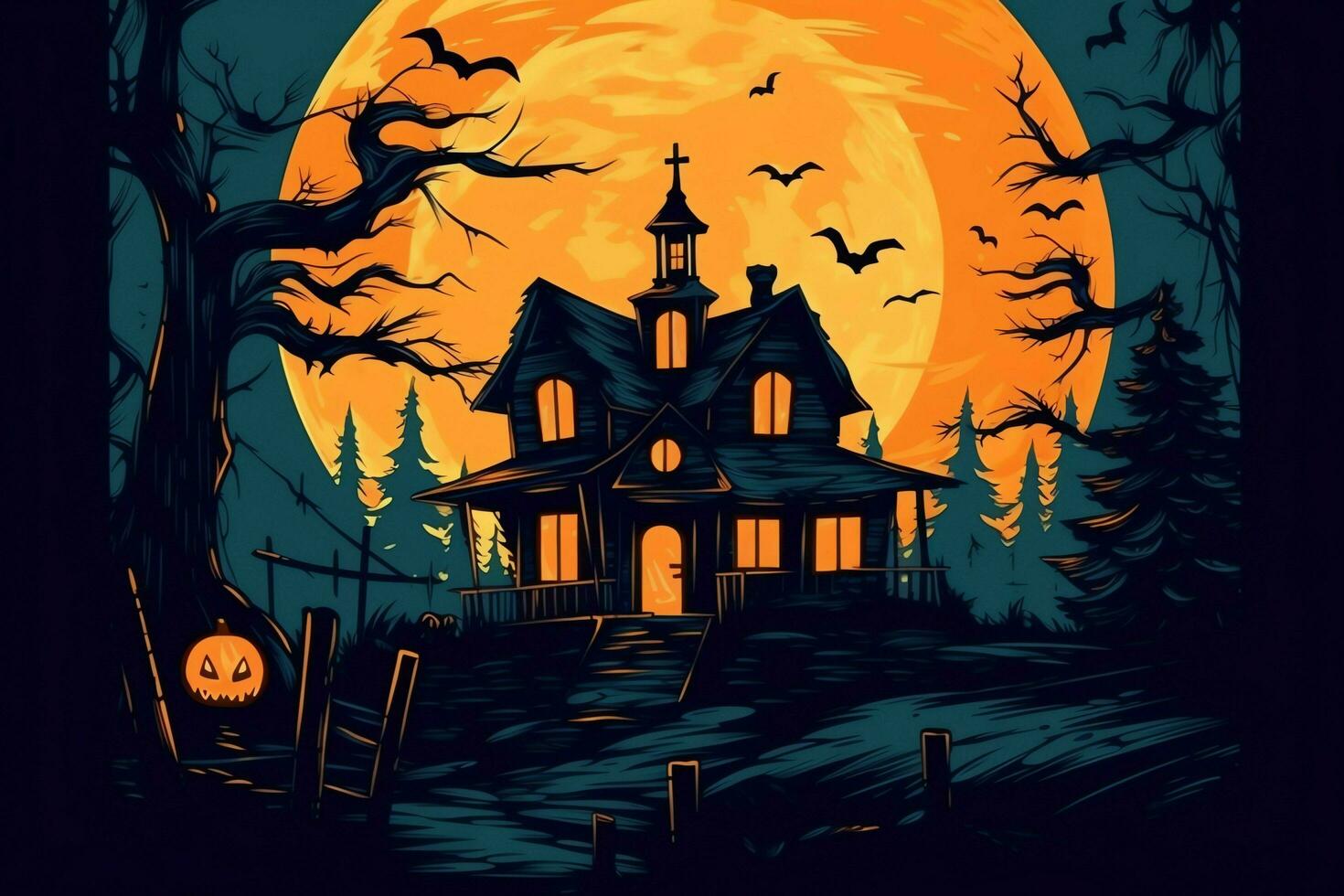 Haunted house on halloween celebration concept. Spooky house halloween background with deserted building and pumpkin. Scary house with creepy building at night by AI generated photo