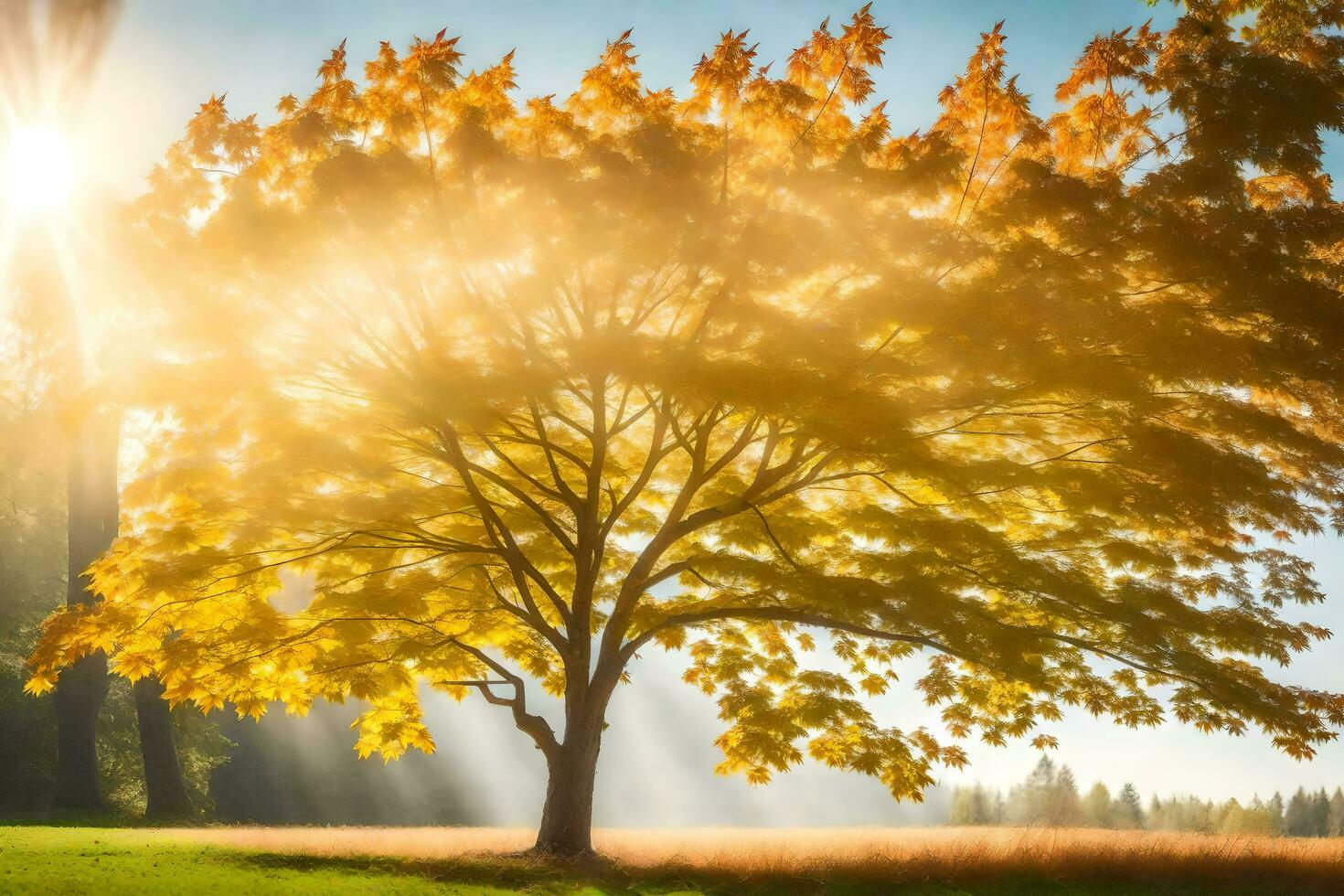 a tree in the sun with rays shining through it. AI-Generated photo