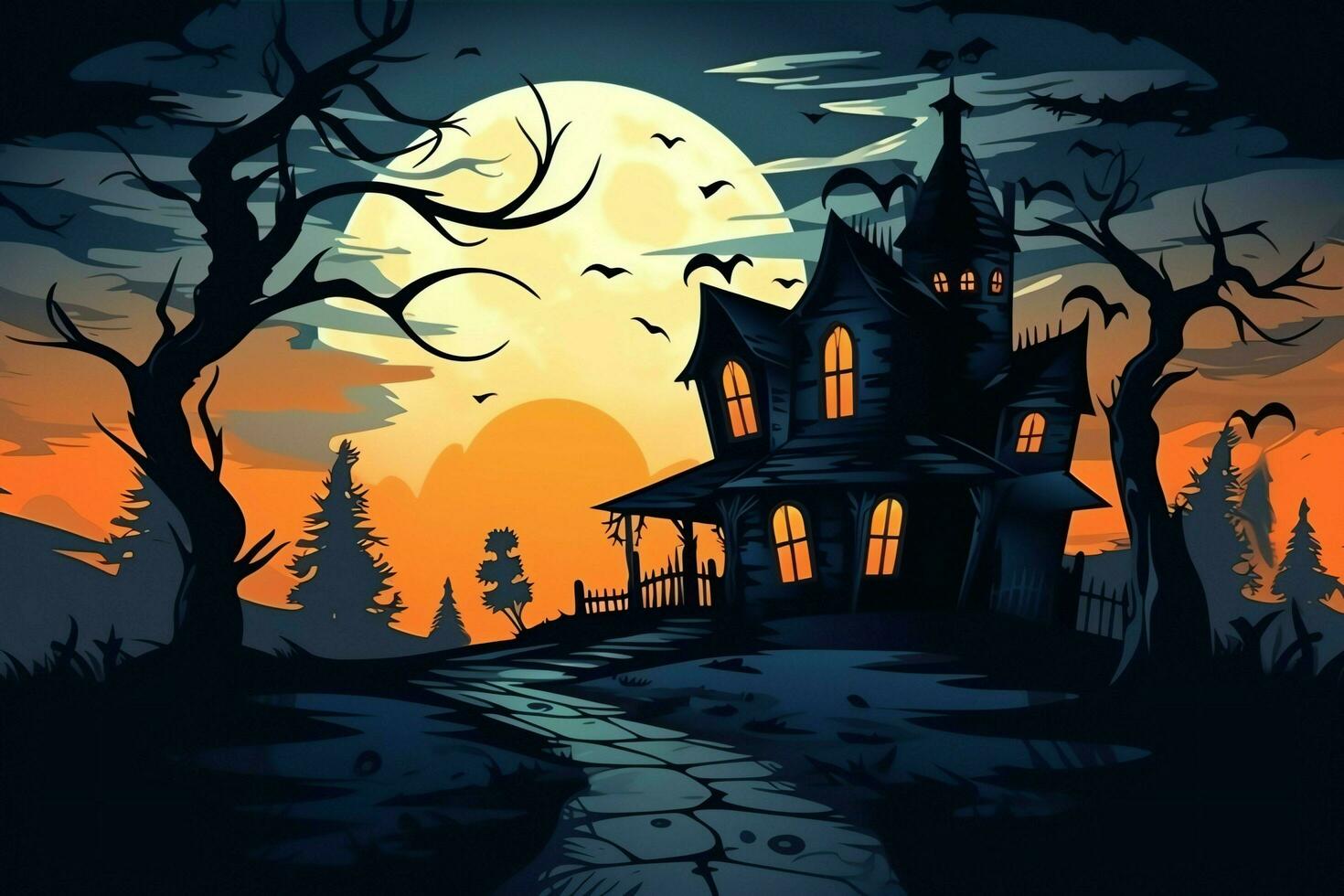 Haunted house on halloween celebration concept. Spooky house halloween background with deserted building and pumpkin. Scary house with creepy building at night by AI generated photo