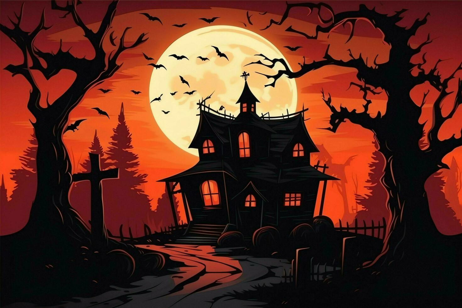 Haunted house on halloween celebration concept. Spooky house halloween background with deserted building and pumpkin. Scary house with creepy building at night by AI generated photo
