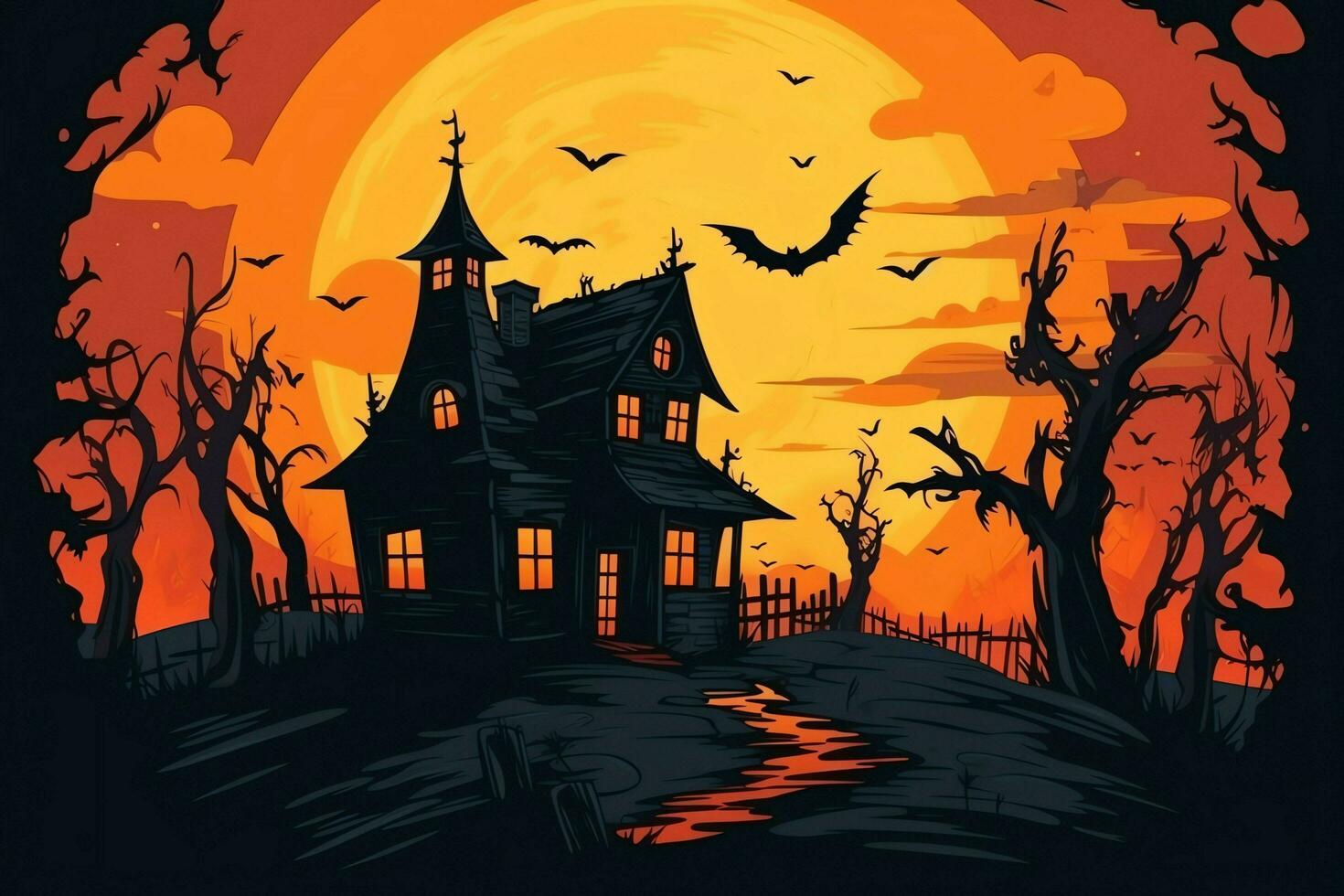 Haunted house on halloween celebration concept. Spooky house halloween background with deserted building and pumpkin. Scary house with creepy building at night by AI generated photo