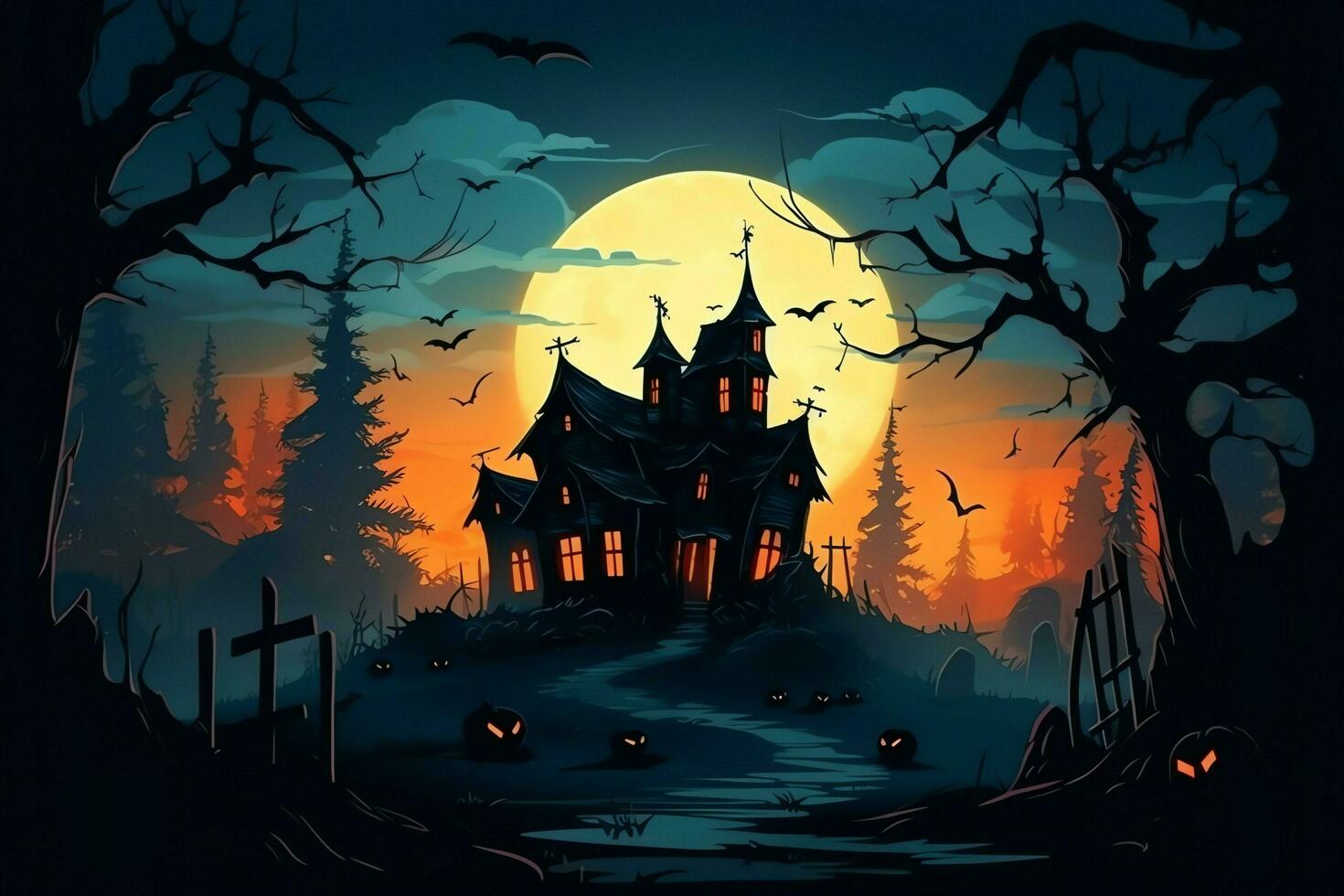 Haunted house on halloween celebration concept. Spooky house halloween background with deserted building and pumpkin. Scary house with creepy building at night by AI generated photo