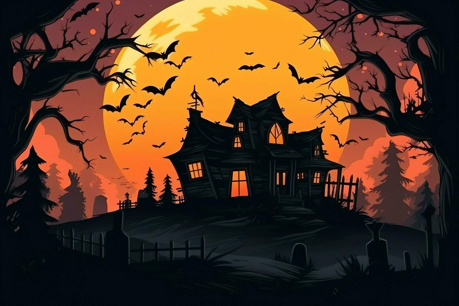 Haunted house on halloween celebration concept. Spooky house halloween background with deserted building and pumpkin. Scary house with creepy building at night by AI generated photo