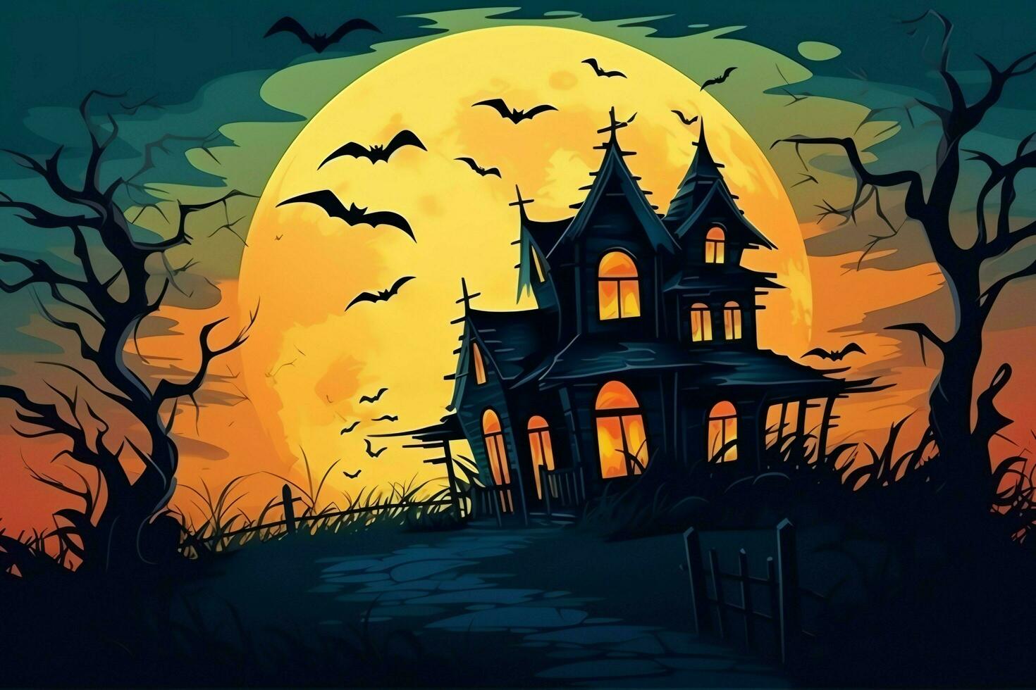 Haunted house on halloween celebration concept. Spooky house halloween background with deserted building and pumpkin. Scary house with creepy building at night by AI generated photo