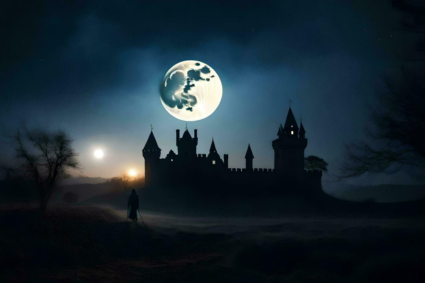 a castle in the night with a full moon. AI-Generated photo