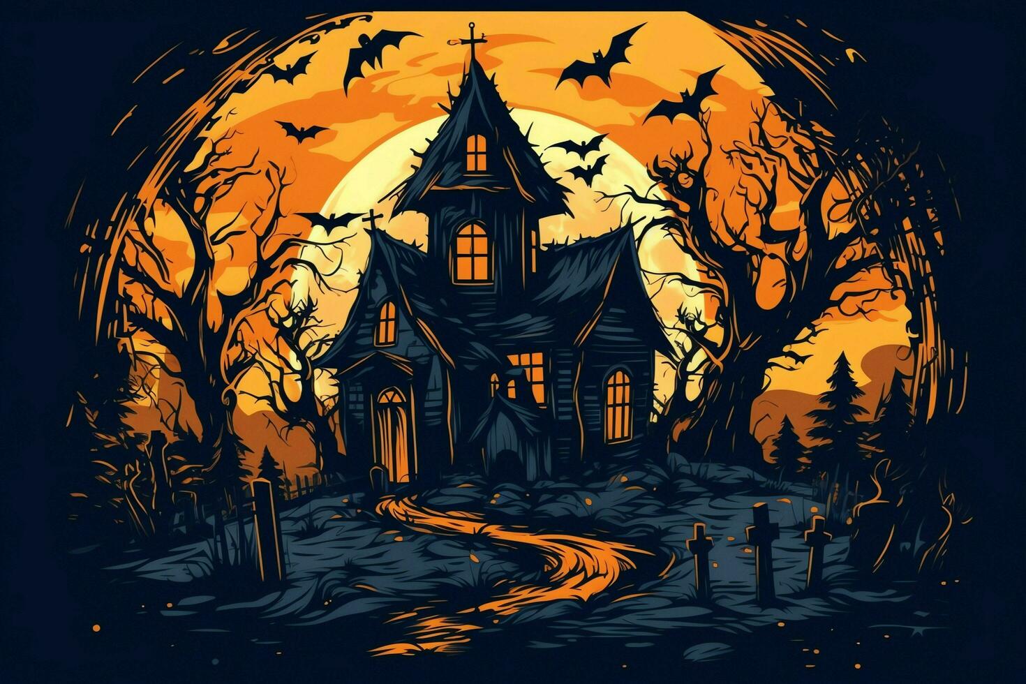 Haunted house on halloween celebration concept. Spooky house halloween background with deserted building and pumpkin. Scary house with creepy building at night by AI generated photo