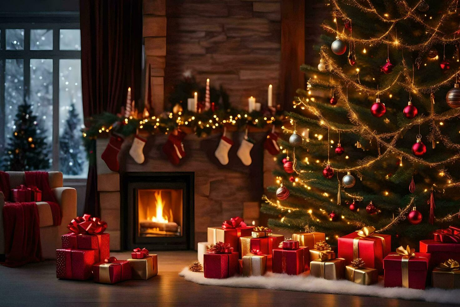 christmas tree and presents in front of fireplace. AI-Generated photo