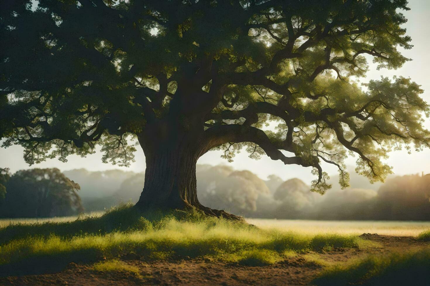 an oak tree in the middle of a field. AI-Generated photo