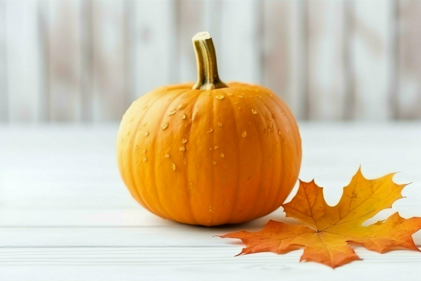 decorativo calabaza antecedentes y seco otoño hojas en de madera arreglo adentro. Víspera de Todos los Santos concepto por ai generado foto