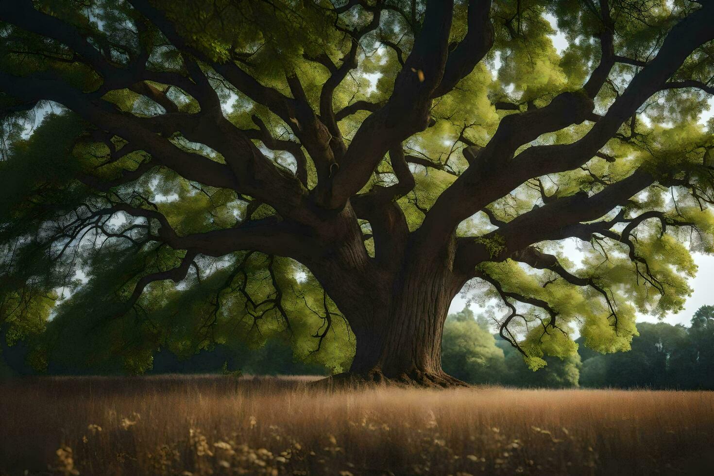 an old oak tree in a field with tall grass. AI-Generated photo