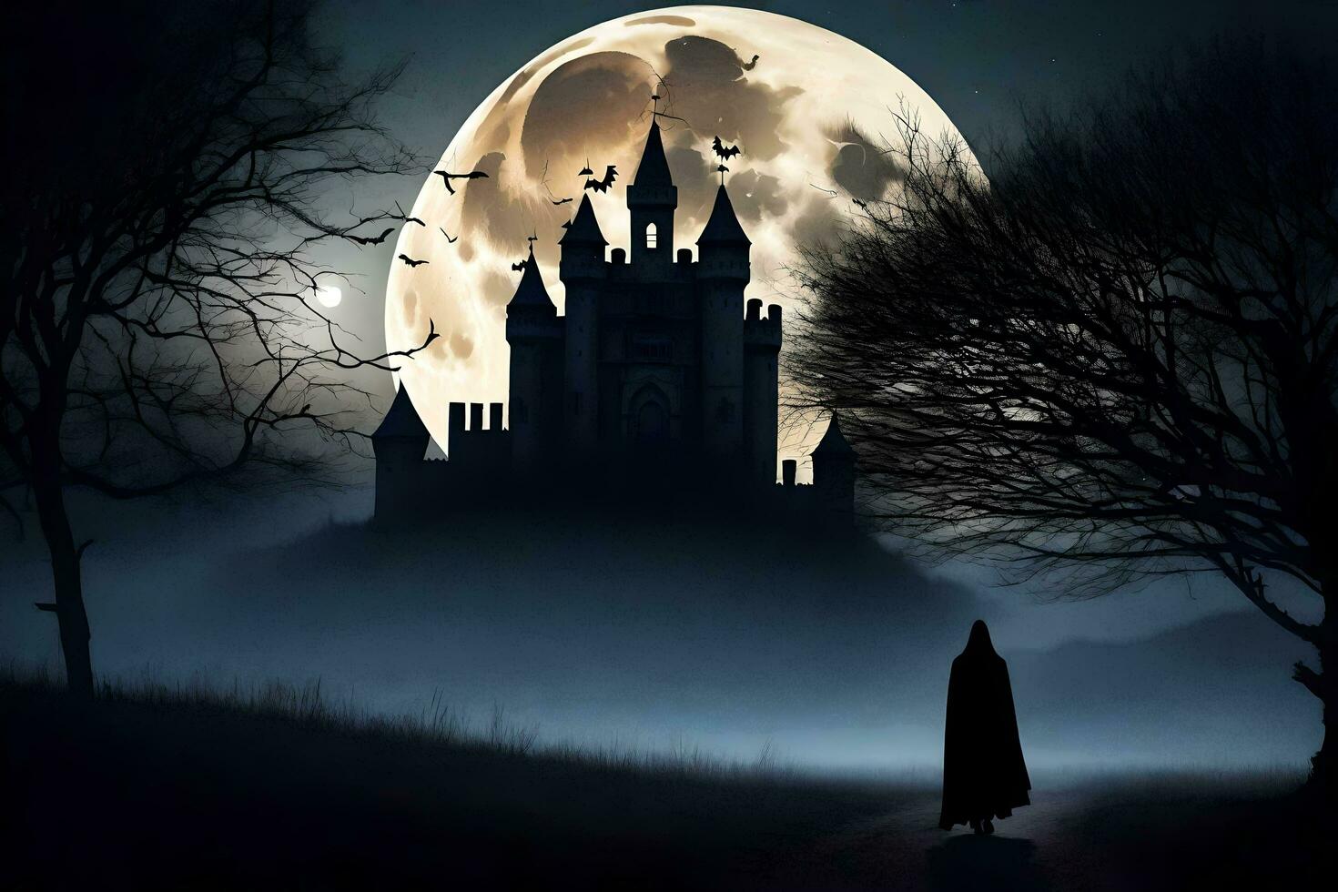 a person walking in front of a castle in the dark. AI-Generated photo