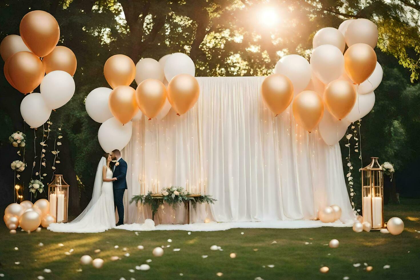 wedding couple standing in front of a backdrop with gold balloons. AI-Generated photo