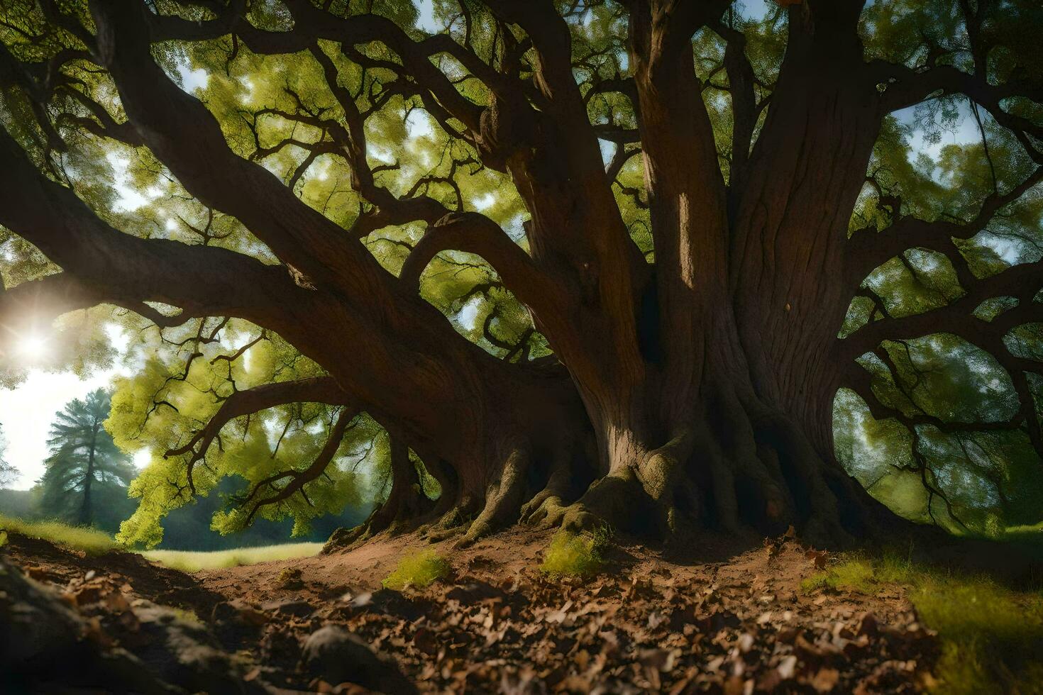 the sun shines through the branches of an old oak tree. AI-Generated photo