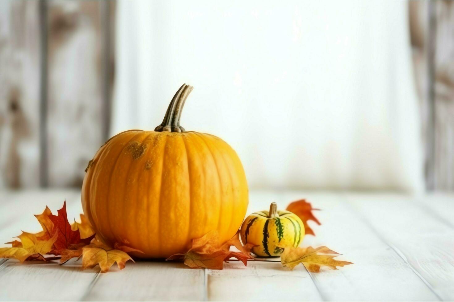 decorativo calabaza antecedentes y seco otoño hojas en de madera arreglo adentro. Víspera de Todos los Santos concepto por ai generado foto