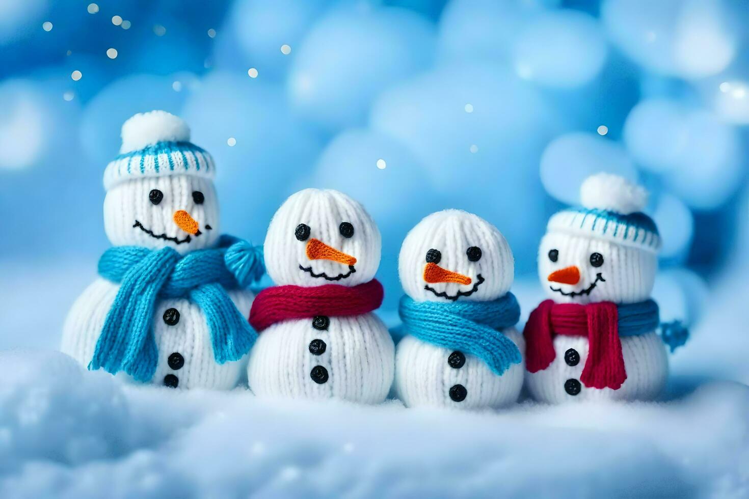 cuatro muñecos de nieve vistiendo bufandas y sombreros en el nieve. generado por ai foto