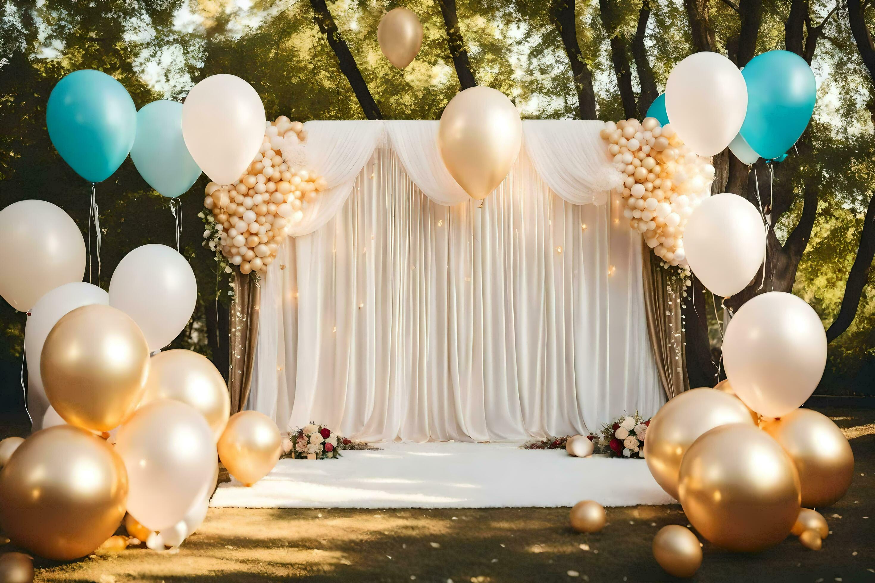 a wedding backdrop with gold and blue balloons. AI-Generated 31284915