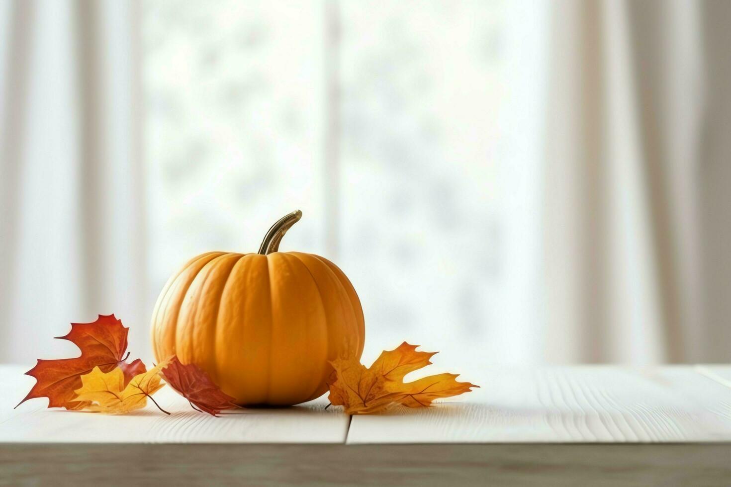 Decorative pumpkin background and dry autumn leaves on wooden arrangement indoors. Halloween concept by AI generated photo