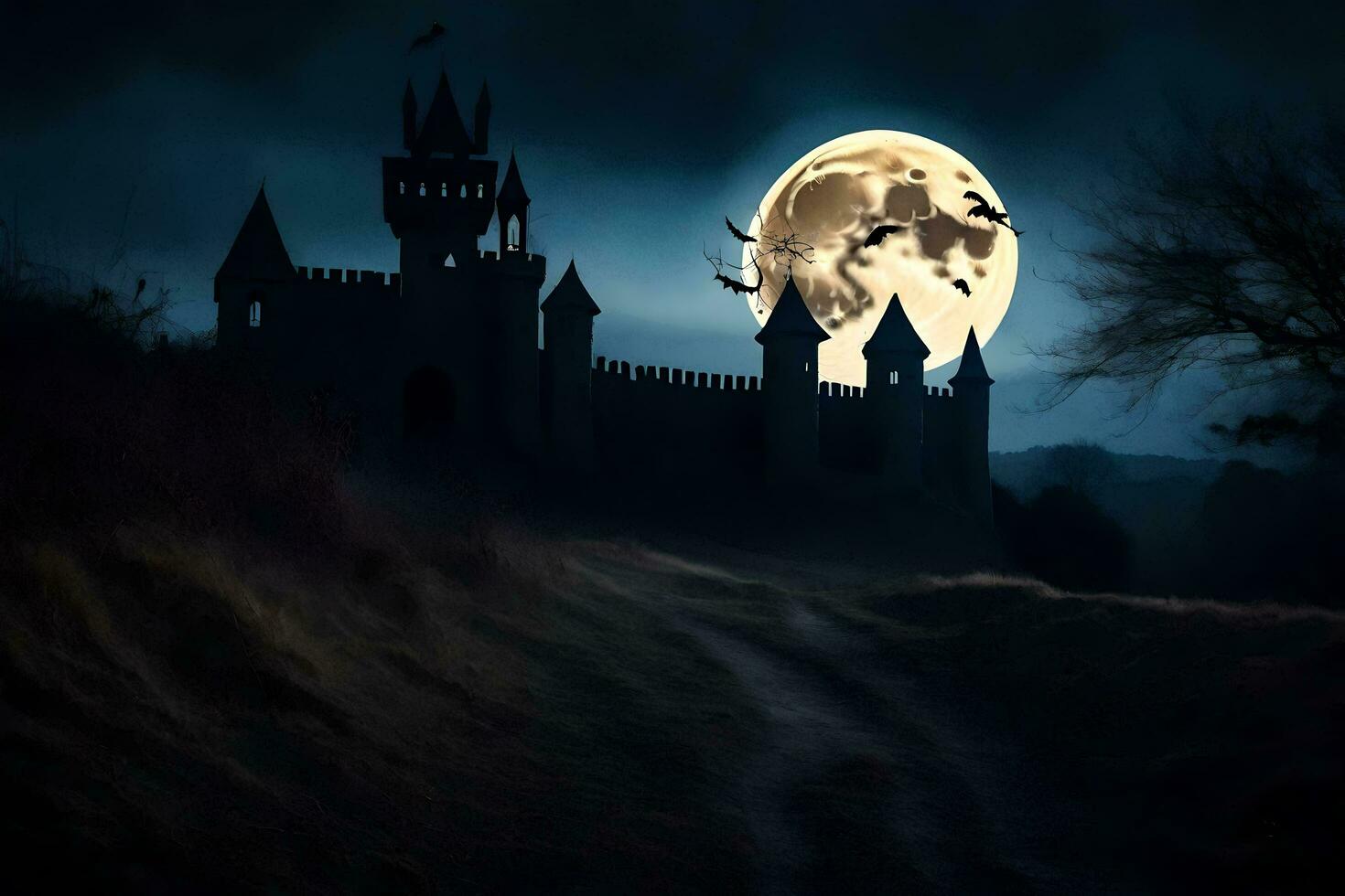 a castle with bats flying over it at night. AI-Generated photo