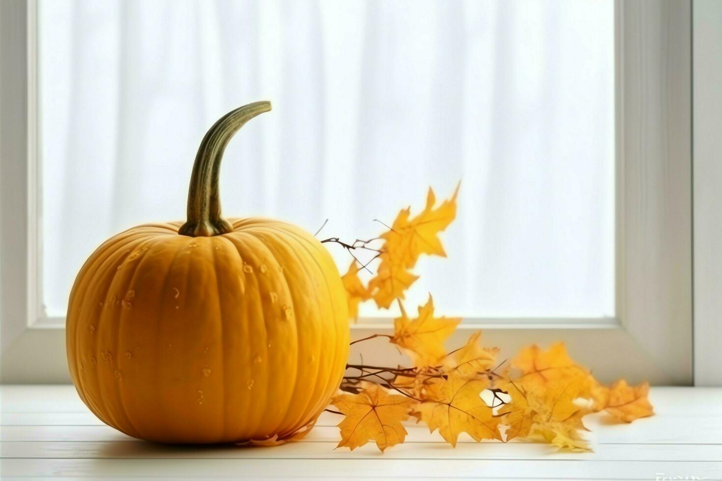 decorativo calabaza antecedentes y seco otoño hojas en de madera arreglo adentro. Víspera de Todos los Santos concepto por ai generado foto