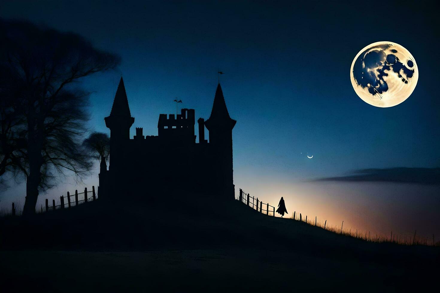 a castle in the night with a full moon. AI-Generated photo