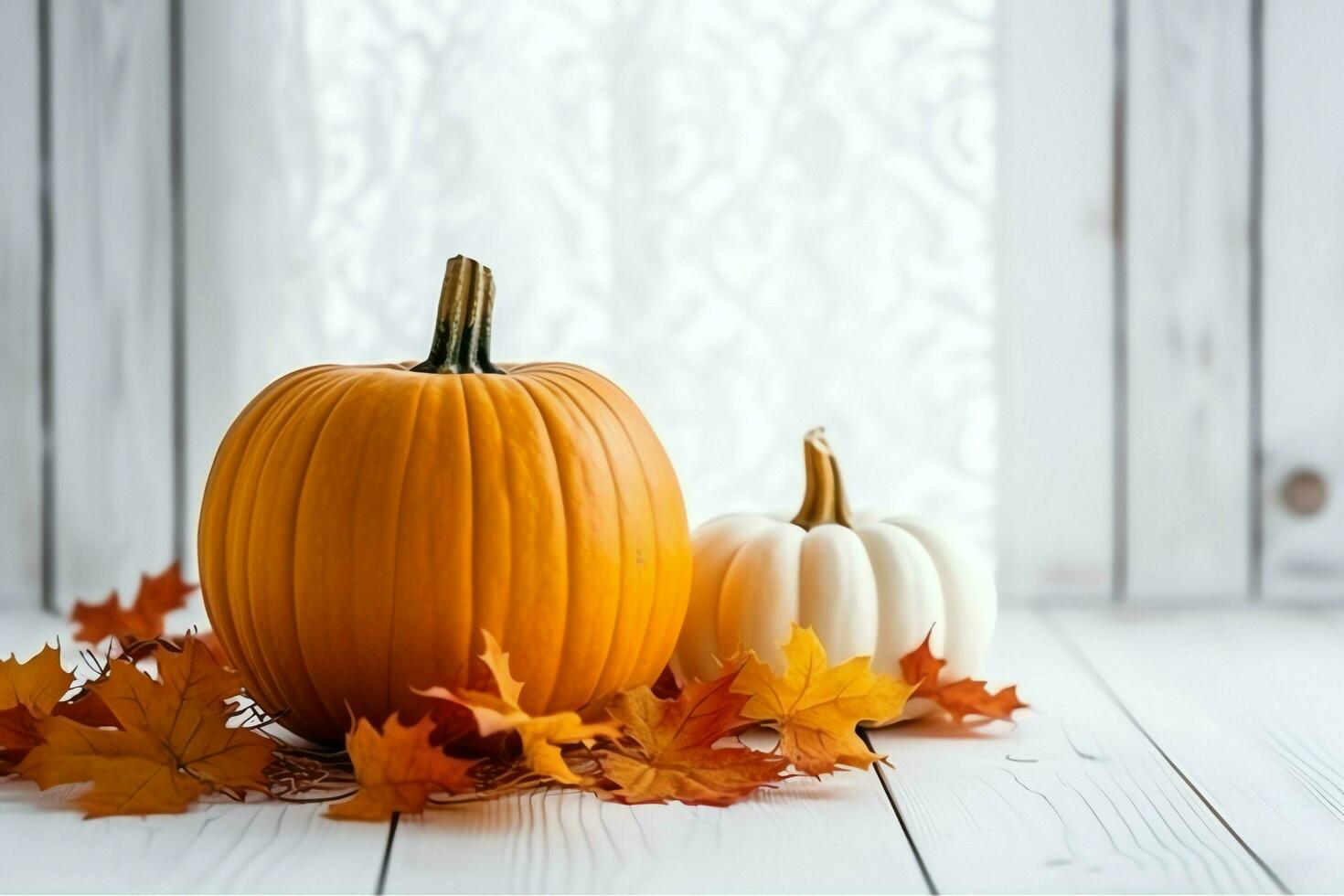 Decorative pumpkin background and dry autumn leaves on wooden arrangement indoors. Halloween concept by AI generated photo