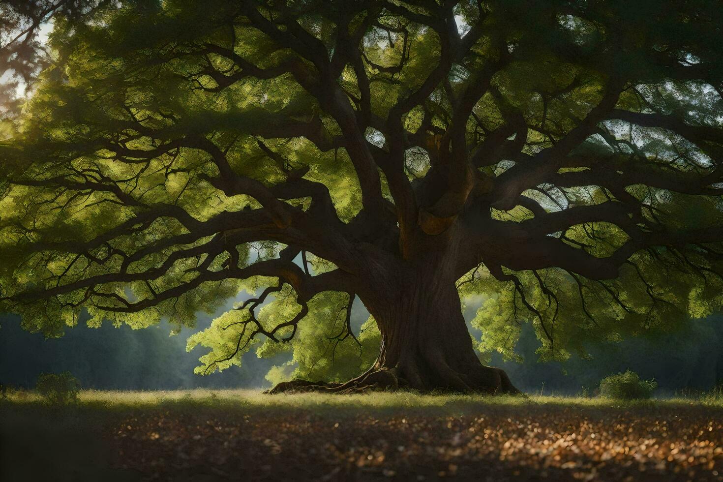 the tree is in the middle of a field. AI-Generated photo