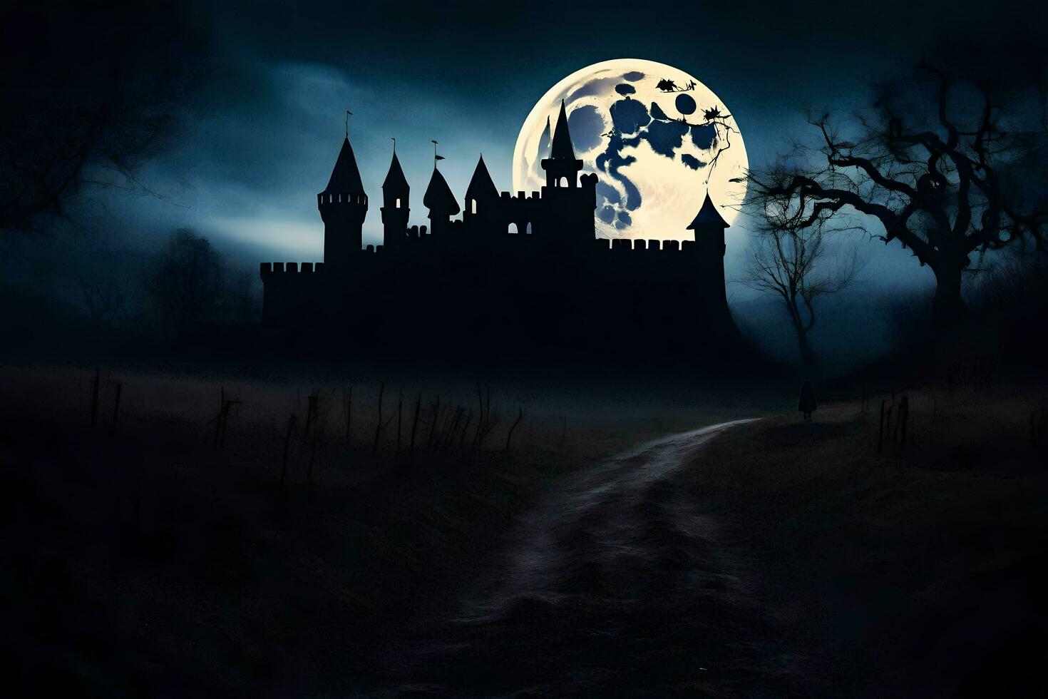 a dark night with a castle in the background. AI-Generated photo