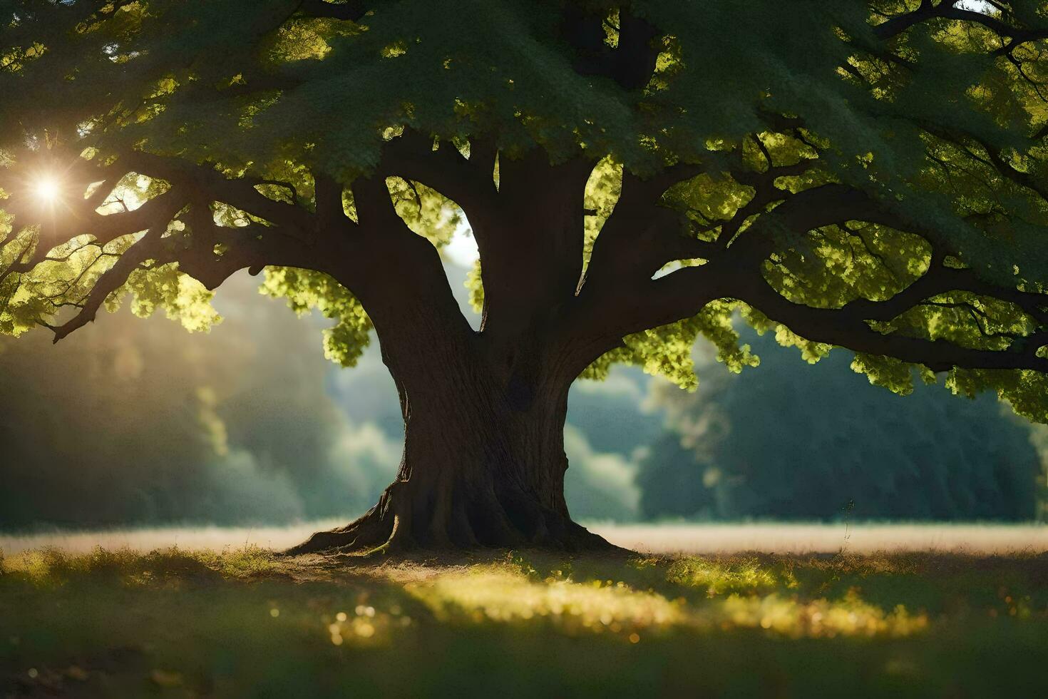 el Dom brilla mediante el hojas de un grande árbol. generado por ai foto